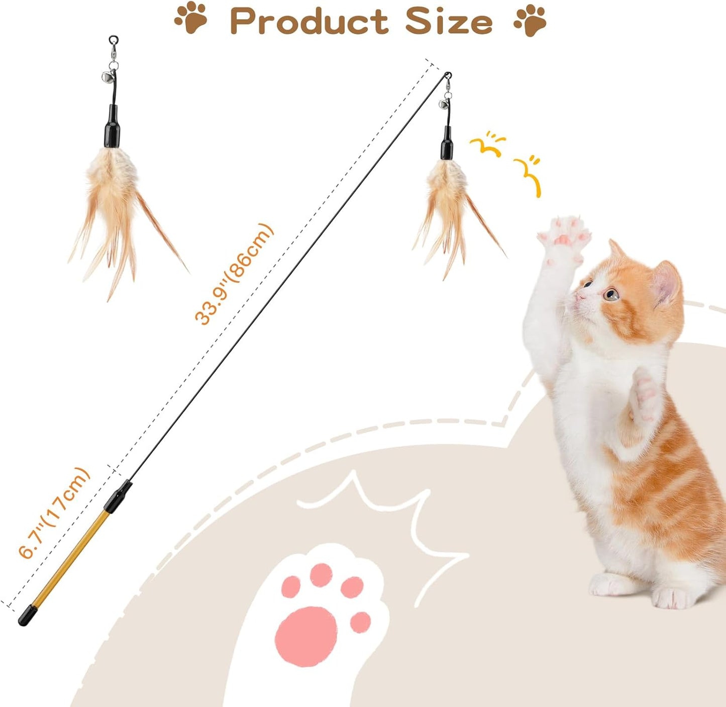 Cat Feather Wand Interactive Toy, 2 Pack with Bell Cat Toy Wands | Cat Feather Teaser Toys Flying Catcher Extra Long 34.5" Wand Exerciser Playing Chase Toys for Kitten or Cats, Brown