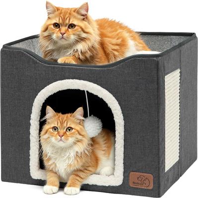 Grey foldable cat cave bed with sisal scratch pad and hanging fluffy ball