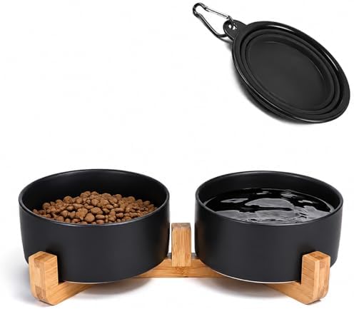 Petygooing ceramic dog and cat bowl set with wooden stand, black