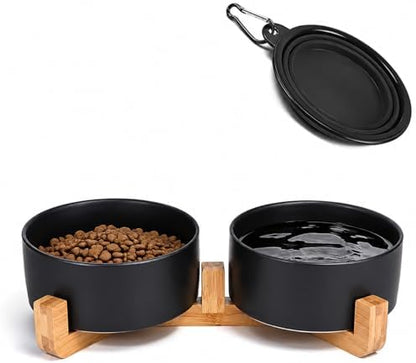 Petygooing ceramic dog and cat bowl set with wooden stand, black