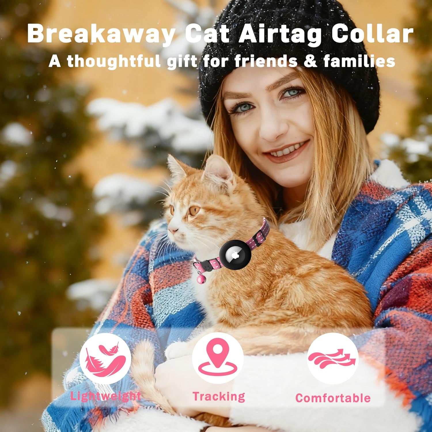 Airtag Cat Collar, Breakaway Cat Collar with Apple Airtag Holder | Reflective Air Tag Kitten Collar with Bell, Adjustable Tracking Collar for Kittens for Boys Girls, Pink
