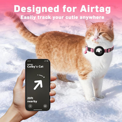 Airtag Cat Collar, Breakaway Cat Collar with Apple Airtag Holder | Reflective Air Tag Kitten Collar with Bell, Adjustable Tracking Collar for Kittens for Boys Girls, Pink
