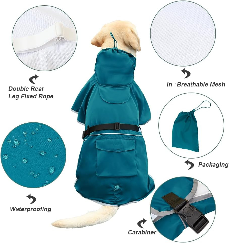 Reflective Waterproof Dog Raincoat, Adjustable Hooded Poncho