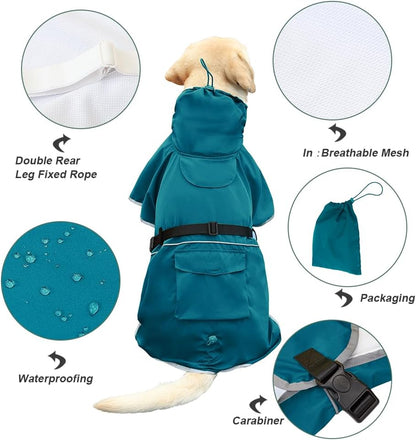 Reflective Waterproof Dog Raincoat, Adjustable Hooded Poncho