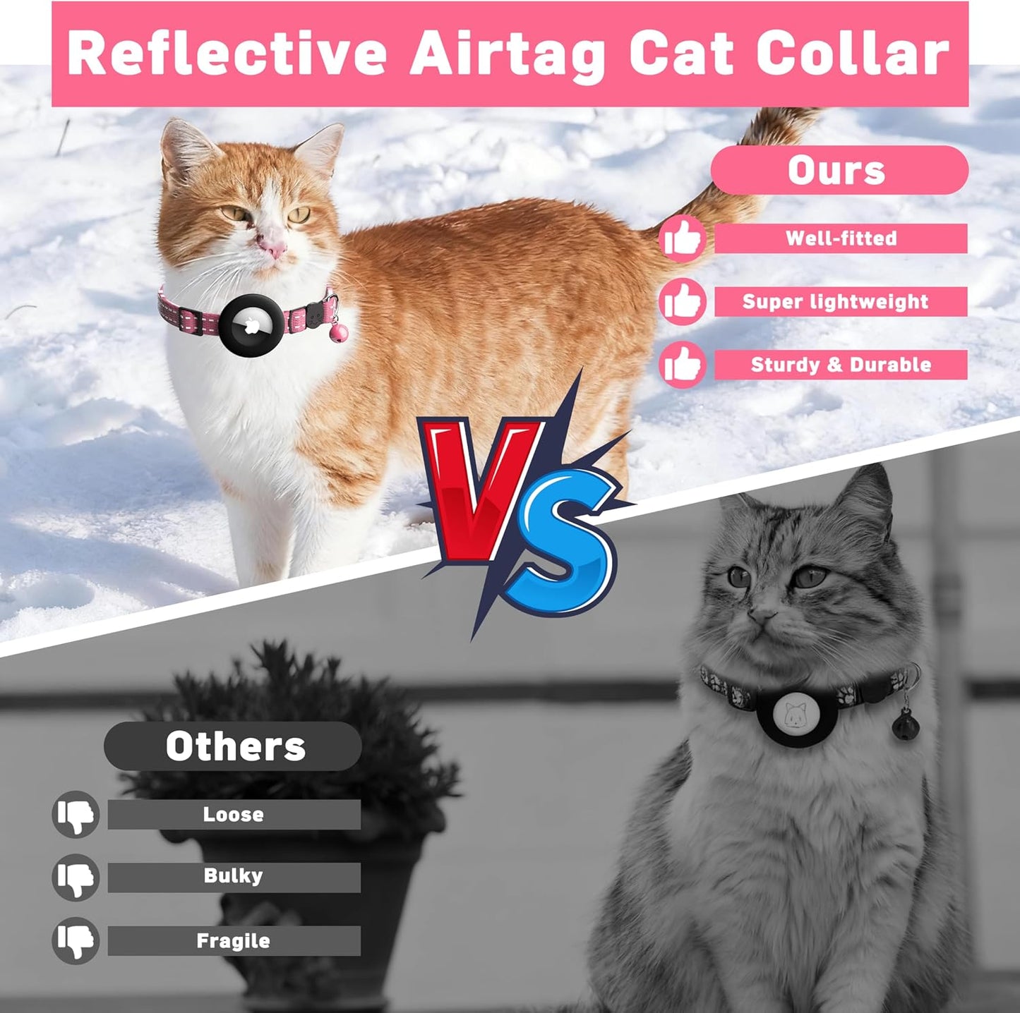 Airtag Cat Collar, Breakaway Cat Collar with Apple Airtag Holder | Reflective Air Tag Kitten Collar with Bell, Adjustable Tracking Collar for Kittens for Boys Girls, Pink