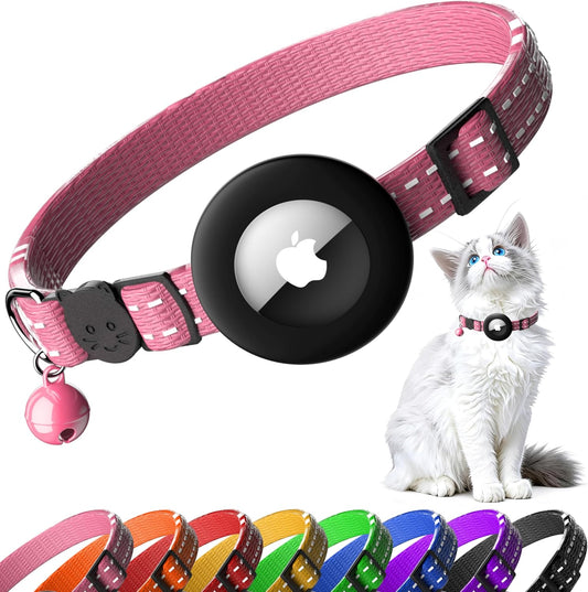 Airtag Cat Collar, Breakaway Cat Collar with Apple Airtag Holder | Reflective Air Tag Kitten Collar with Bell, Adjustable Tracking Collar for Kittens for Boys Girls, Pink