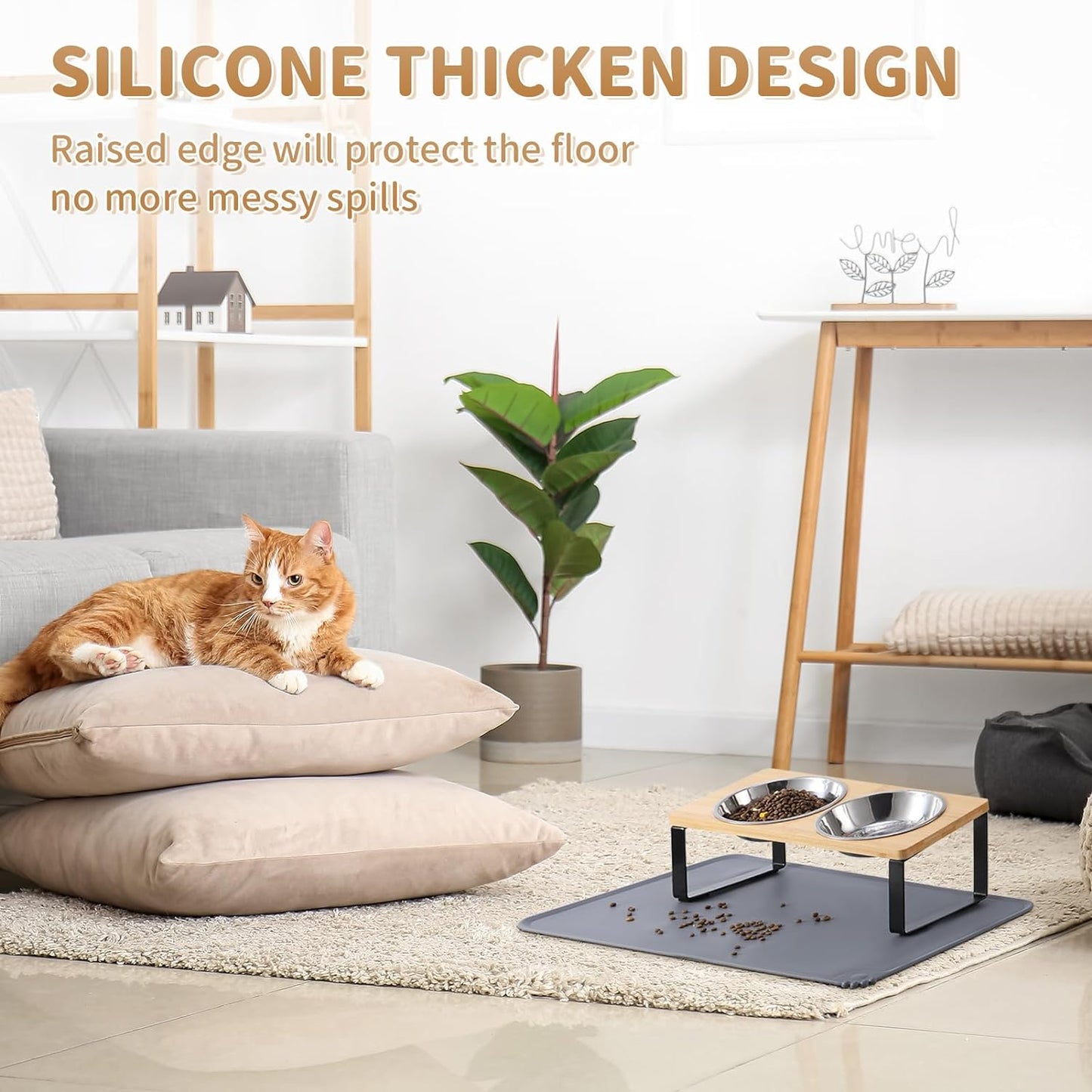 Upgraded Elevated Cat Bowls with Food Mat,15°Tilted Stand anti Vomiting Raised Cat Dishes for Food and Water,2 Stainless Steel Bowls for Cats and Puppy