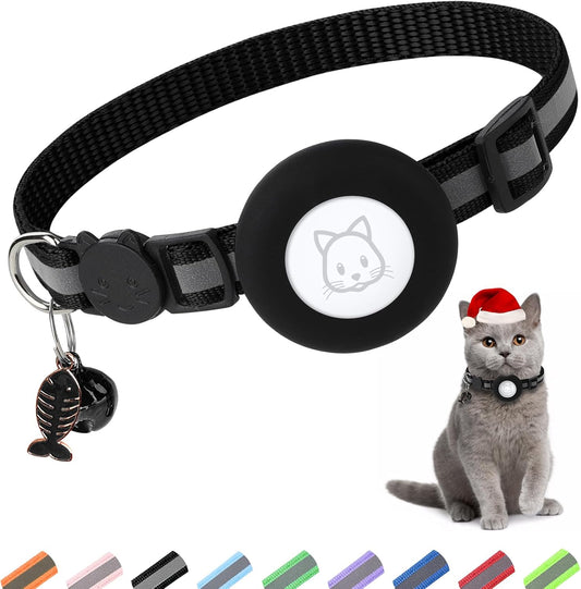 Black elastic AirTag cat collar with holder and bell