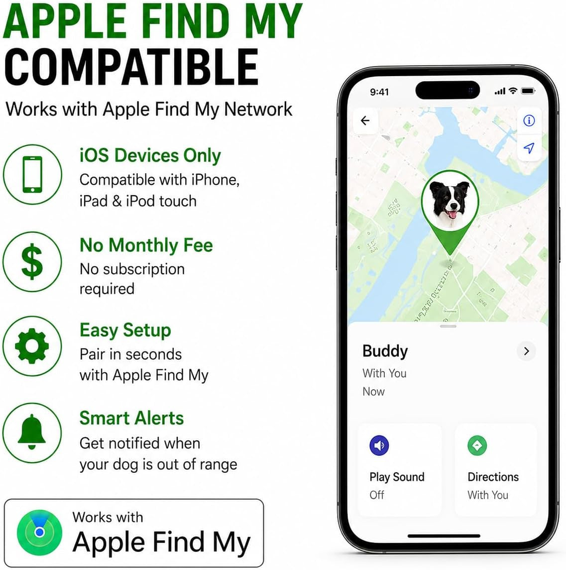 GPS Pet Tracker Collar, Waterproof, No Monthly Fee (Apple Find My Compatible)
