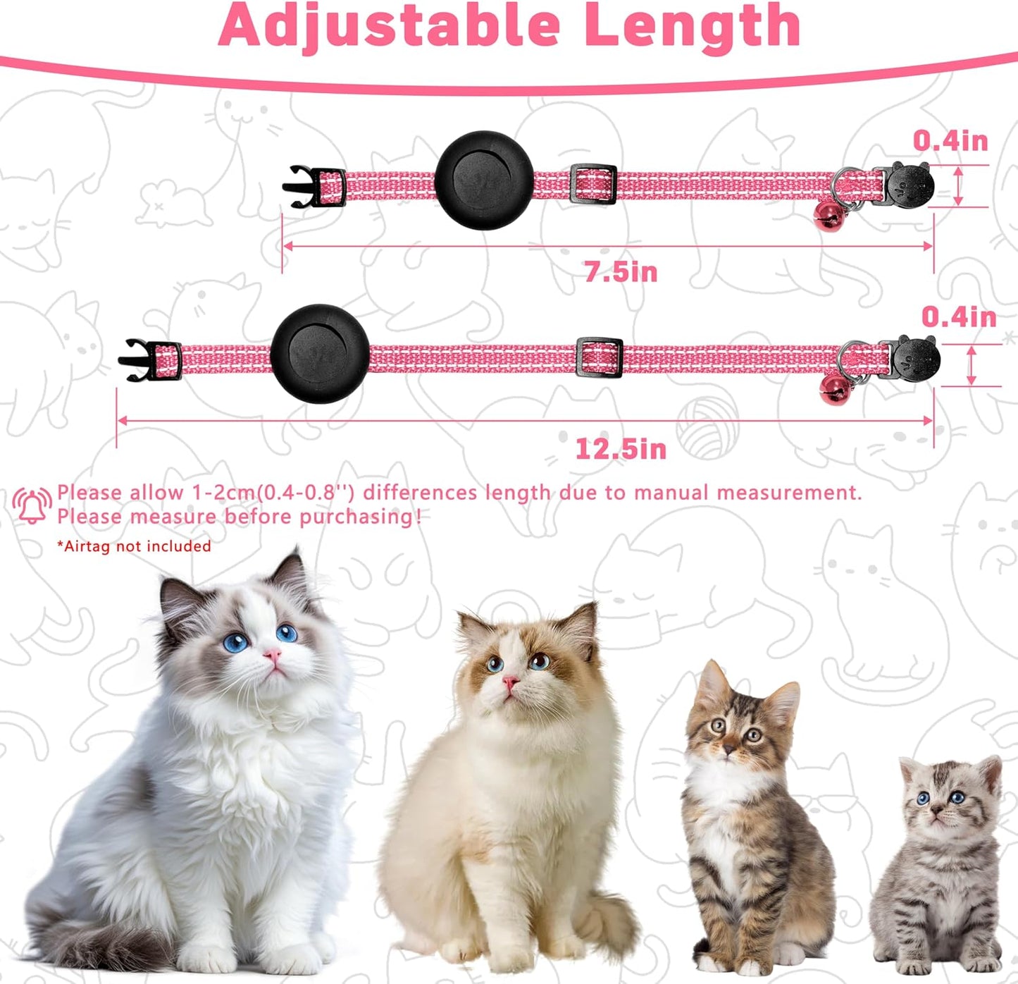 Airtag Cat Collar, Breakaway Cat Collar with Apple Airtag Holder | Reflective Air Tag Kitten Collar with Bell, Adjustable Tracking Collar for Kittens for Boys Girls, Pink