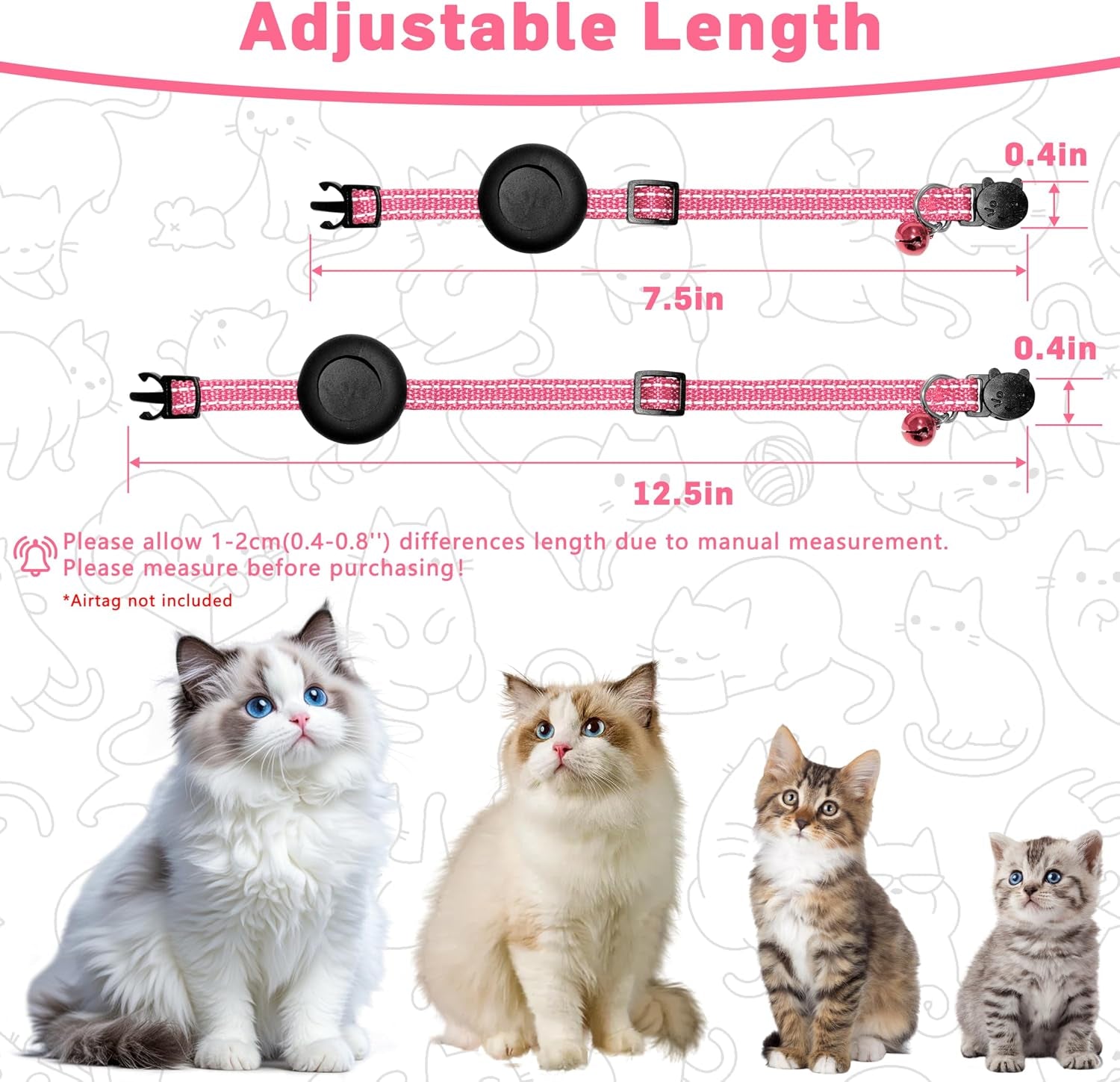 Airtag Cat Collar, Breakaway Cat Collar with Apple Airtag Holder | Reflective Air Tag Kitten Collar with Bell, Adjustable Tracking Collar for Kittens for Boys Girls, Pink