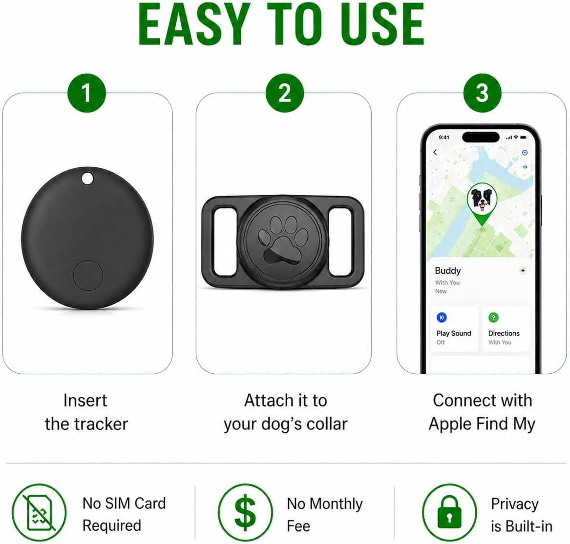GPS Pet Tracker Collar, Waterproof, No Monthly Fee (Apple Find My Compatible)