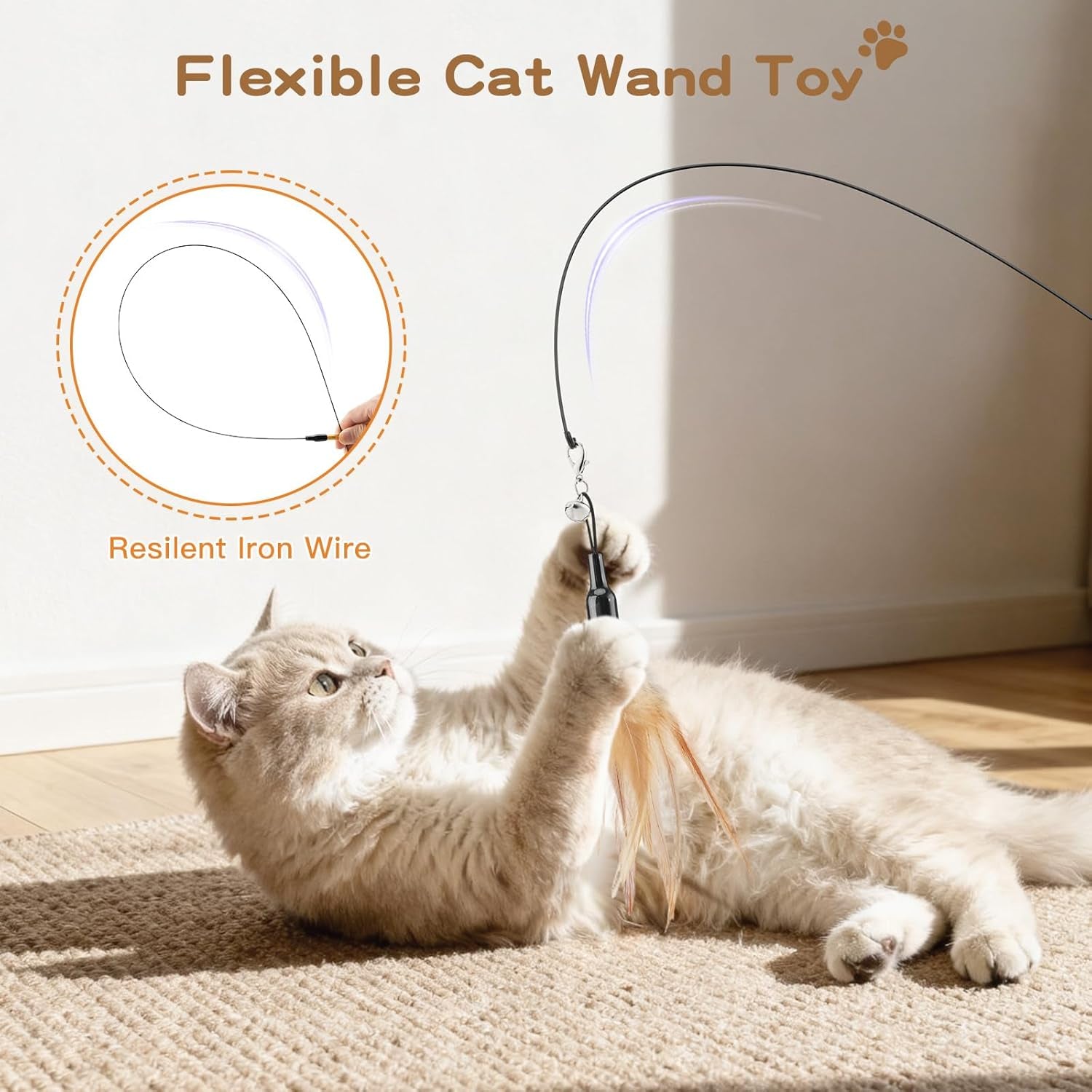 Cat Feather Wand Interactive Toy, 2 Pack with Bell Cat Toy Wands | Cat Feather Teaser Toys Flying Catcher Extra Long 34.5" Wand Exerciser Playing Chase Toys for Kitten or Cats, Brown