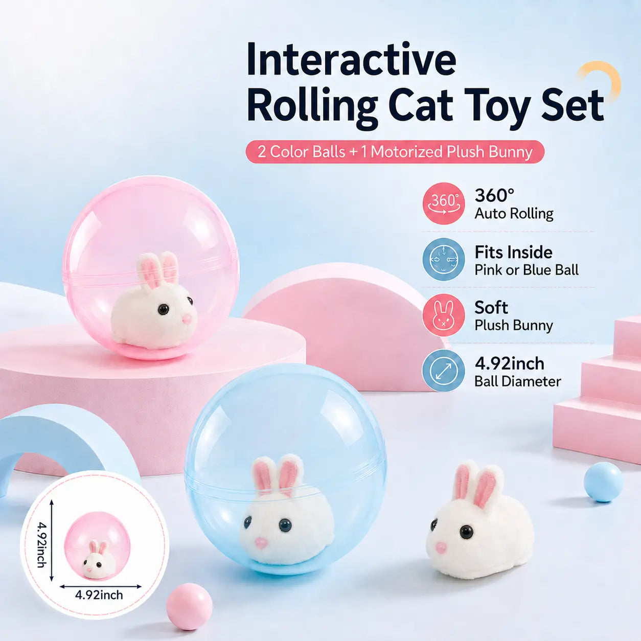 Automatic Rolling Ball Interactive Cat Toy - Electric 360-Degree Rotating, Lifelike Prey, Random Movement, Reinforced Parts, Energy-Efficient Motor, Long Battery Life, USB-C Rechargeable, Indoor Hunting Toy, Blue/Pink Options, Ideal Birthday Gift for Cats