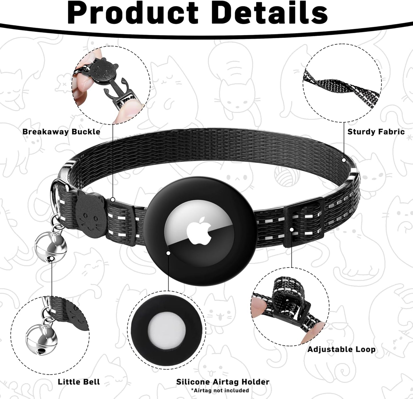 Airtag Cat Collar, Breakaway Cat Collar with Apple Airtag Holder | Reflective Air Tag Kitten Collar with Bell, Adjustable Tracking Collar for Kittens for Boys Girls, Black