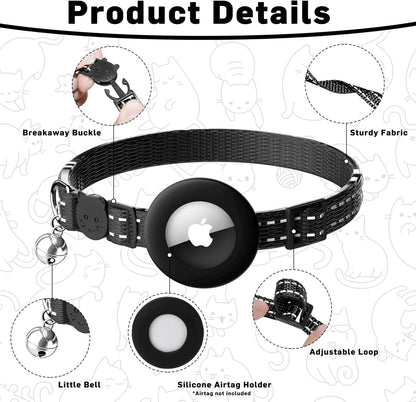 Airtag Cat Collar, Breakaway Cat Collar with Apple Airtag Holder | Reflective Air Tag Kitten Collar with Bell, Adjustable Tracking Collar for Kittens for Boys Girls, Black