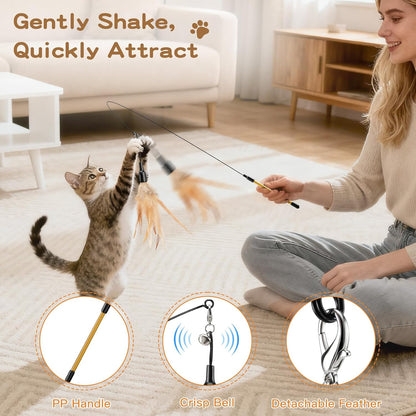 Cat Feather Wand Interactive Toy, 2 Pack with Bell Cat Toy Wands | Cat Feather Teaser Toys Flying Catcher Extra Long 34.5" Wand Exerciser Playing Chase Toys for Kitten or Cats, Brown