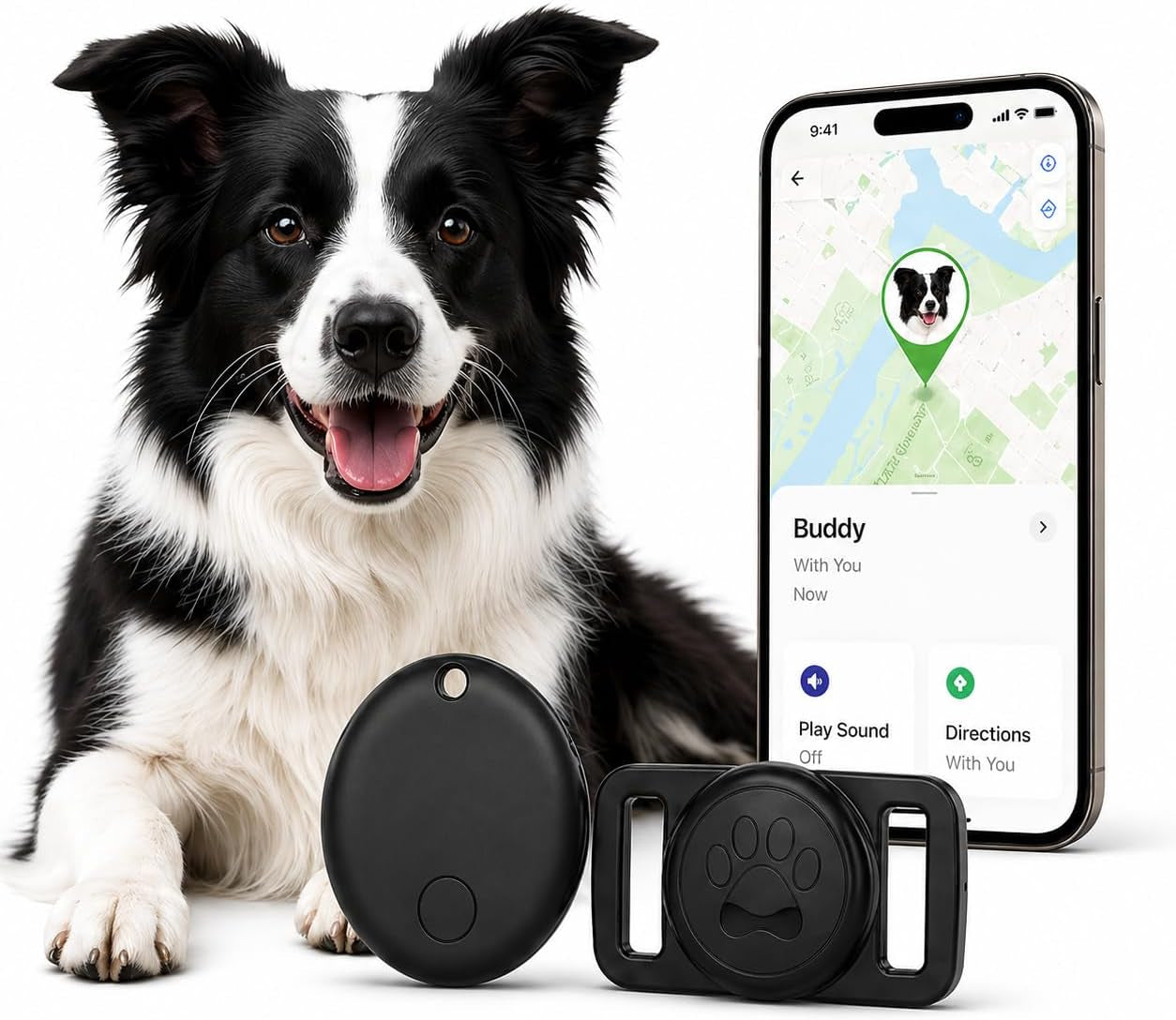GPS Pet Tracker Collar, Waterproof, No Monthly Fee (Apple Find My Compatible)