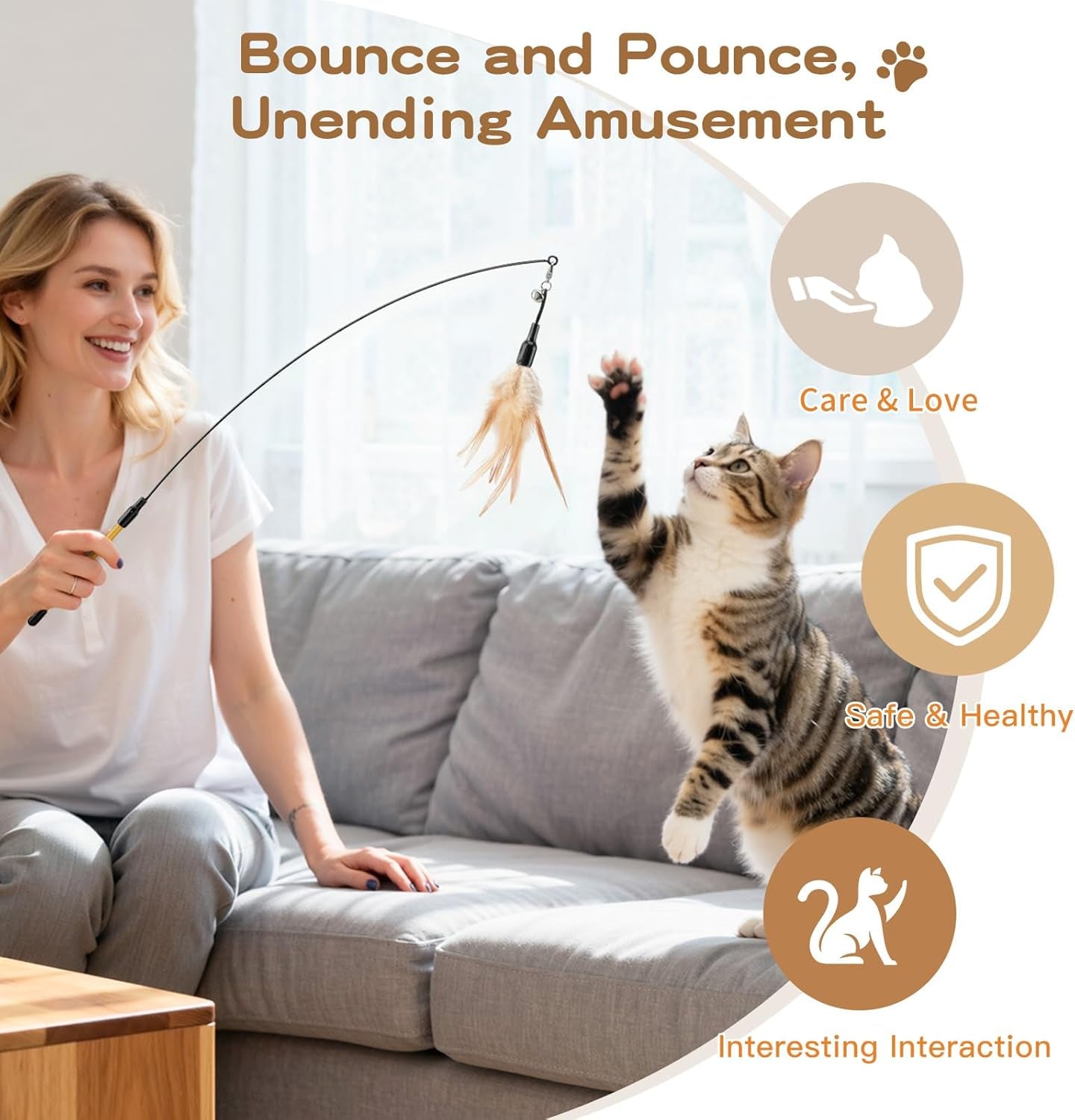 Cat Feather Wand Interactive Toy, 2 Pack with Bell Cat Toy Wands | Cat Feather Teaser Toys Flying Catcher Extra Long 34.5" Wand Exerciser Playing Chase Toys for Kitten or Cats, Brown