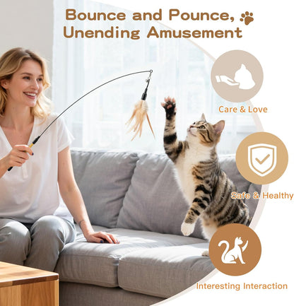 Cat Feather Wand Interactive Toy, 2 Pack with Bell Cat Toy Wands | Cat Feather Teaser Toys Flying Catcher Extra Long 34.5" Wand Exerciser Playing Chase Toys for Kitten or Cats, Brown