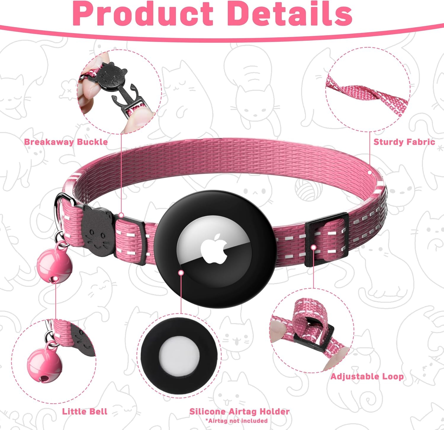 Airtag Cat Collar, Breakaway Cat Collar with Apple Airtag Holder | Reflective Air Tag Kitten Collar with Bell, Adjustable Tracking Collar for Kittens for Boys Girls, Pink