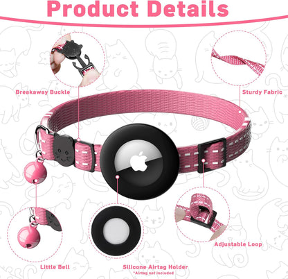 Airtag Cat Collar, Breakaway Cat Collar with Apple Airtag Holder | Reflective Air Tag Kitten Collar with Bell, Adjustable Tracking Collar for Kittens for Boys Girls, Pink