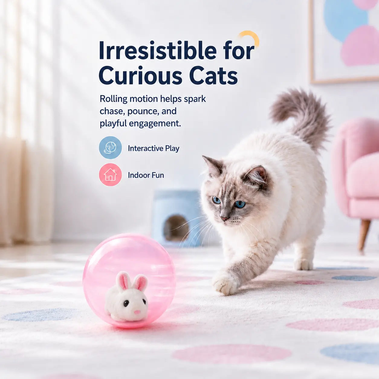 Automatic Rolling Ball Interactive Cat Toy - Electric 360-Degree Rotating, Lifelike Prey, Random Movement, Reinforced Parts, Energy-Efficient Motor, Long Battery Life, USB-C Rechargeable, Indoor Hunting Toy, Blue/Pink Options, Ideal Birthday Gift for Cats