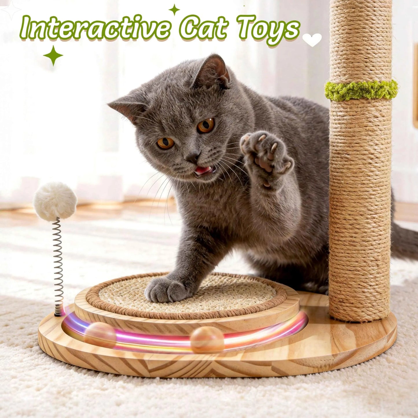 Cute Babys Breath Flower Cat Scratching Post, 39" Tall Cat Scratcher, Interactive Cat Toys with Ball Track & Spring Ball, Cat Scratch Post with Pad for Indoor Cats Adults and Kittens #Summersale
