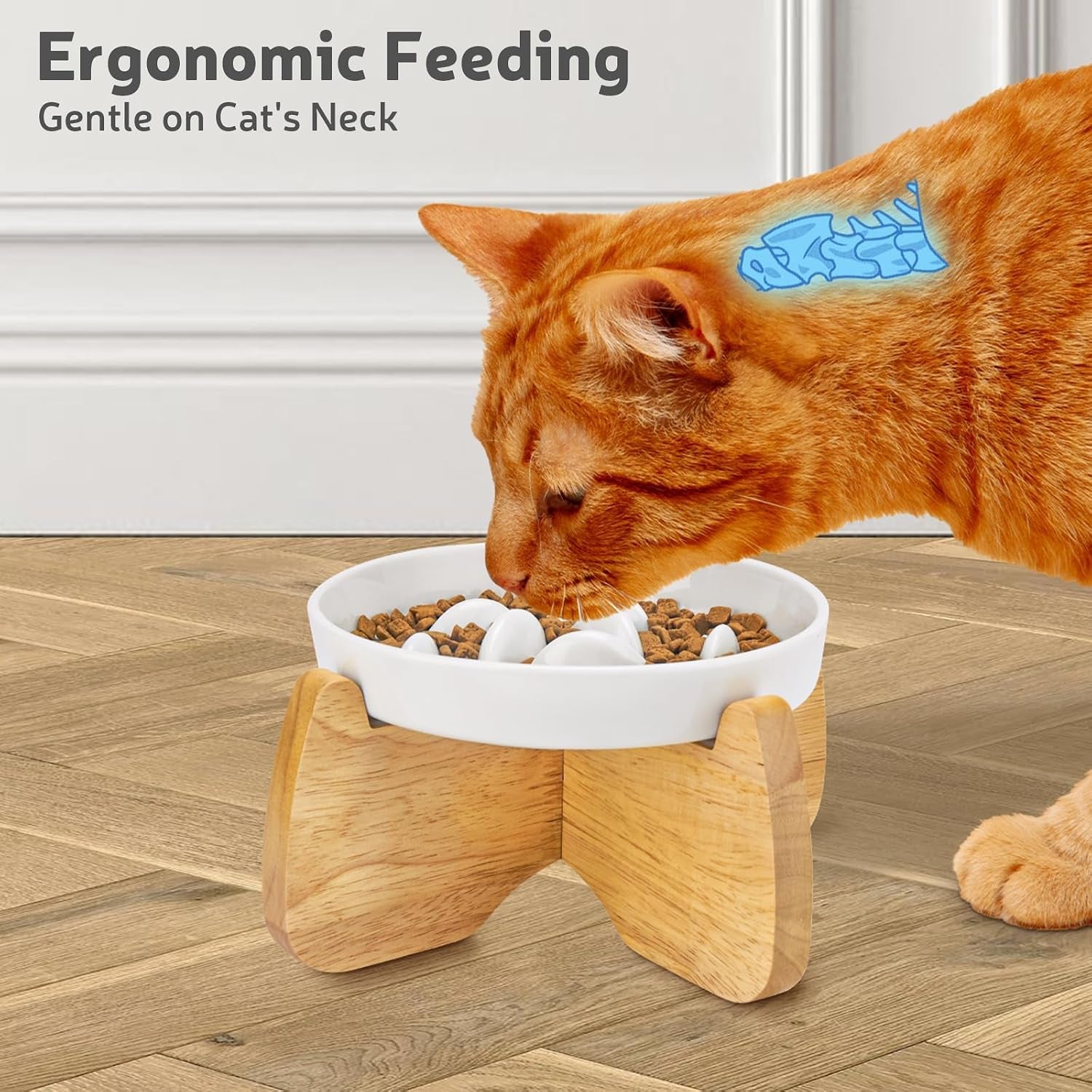 Raised Ceramic Slow Feeder Cat Bowl, Anti-Gulping & Whisker-Friendly