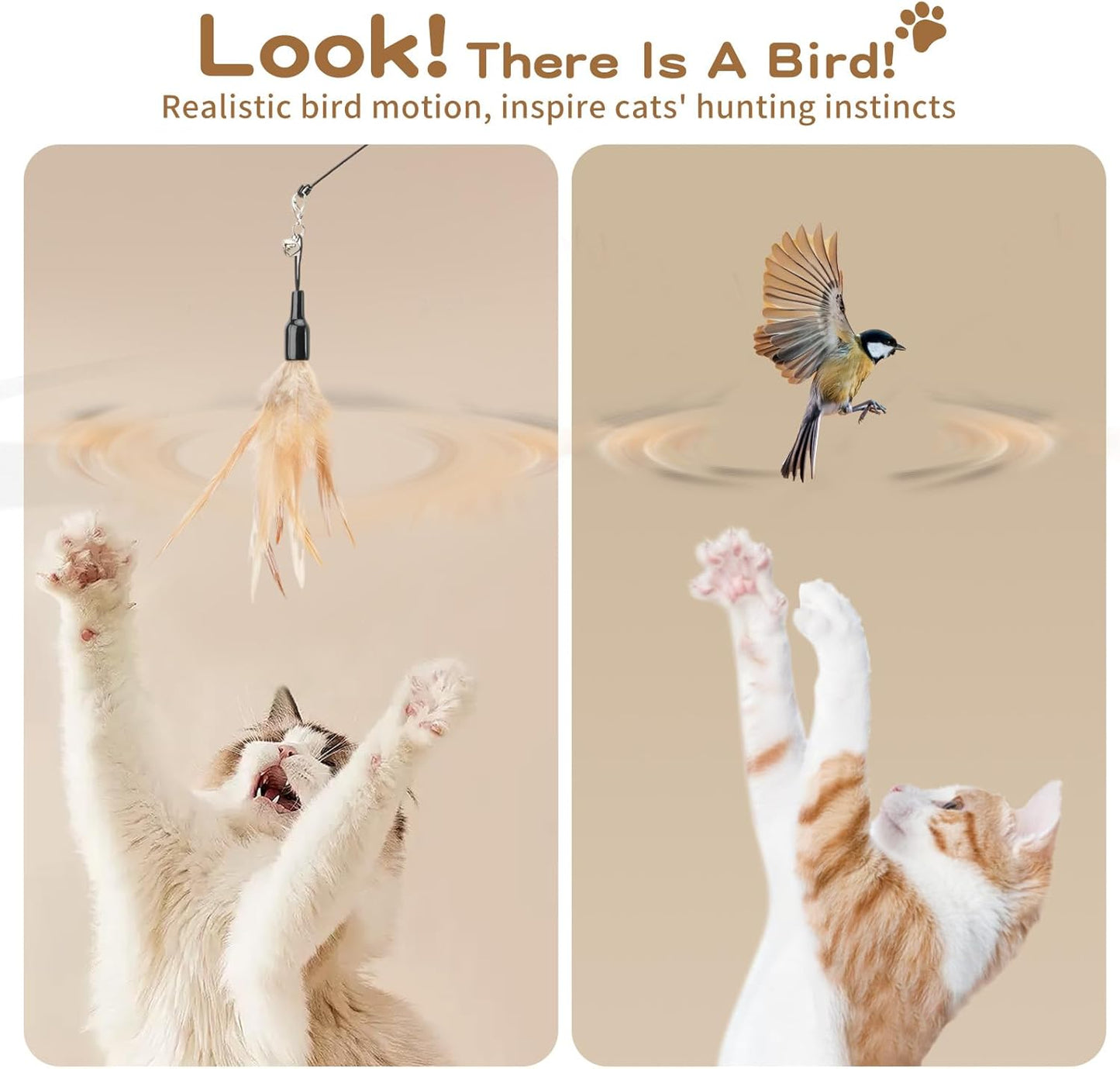 Cat Feather Wand Interactive Toy, 2 Pack with Bell Cat Toy Wands | Cat Feather Teaser Toys Flying Catcher Extra Long 34.5" Wand Exerciser Playing Chase Toys for Kitten or Cats, Brown