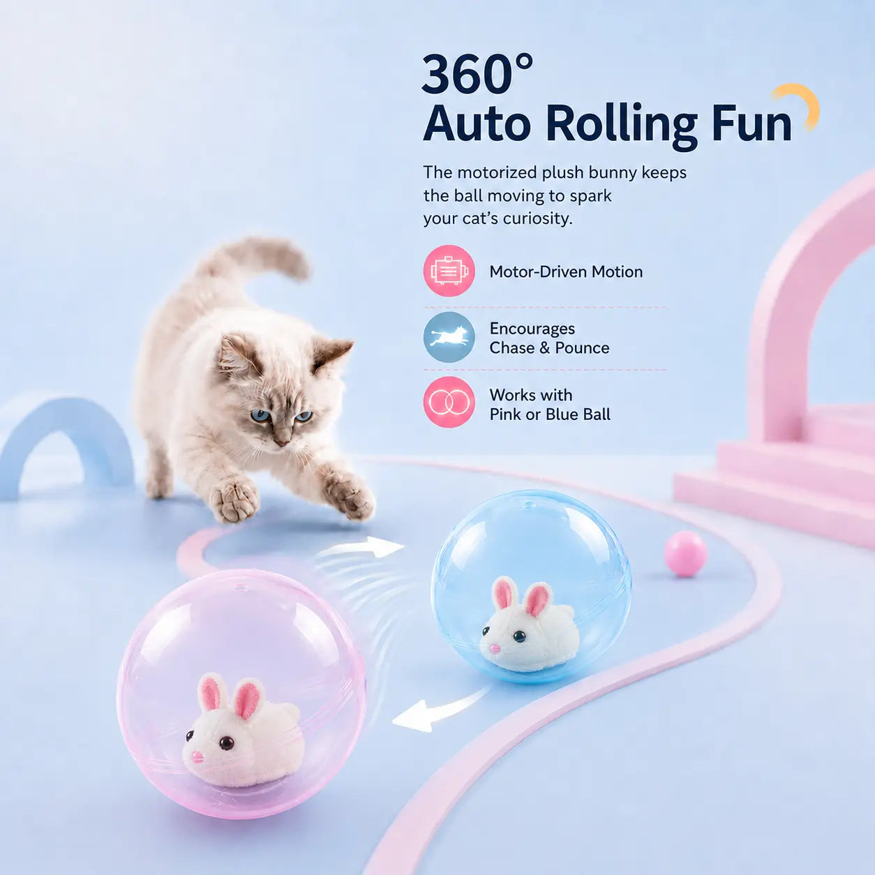 Automatic Rolling Ball Interactive Cat Toy - Electric 360-Degree Rotating, Lifelike Prey, Random Movement, Reinforced Parts, Energy-Efficient Motor, Long Battery Life, USB-C Rechargeable, Indoor Hunting Toy, Blue/Pink Options, Ideal Birthday Gift for Cats
