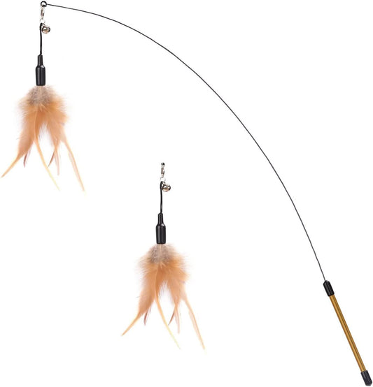 Cat Feather Wand Interactive Toy, 2 Pack with Bell Cat Toy Wands | Cat Feather Teaser Toys Flying Catcher Extra Long 34.5" Wand Exerciser Playing Chase Toys for Kitten or Cats, Brown